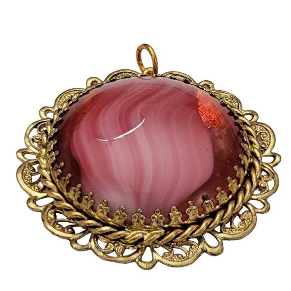 West Germany Gold Tone Filigree Pink Givre Pendant, Signed K226 - Picture 3 of 8